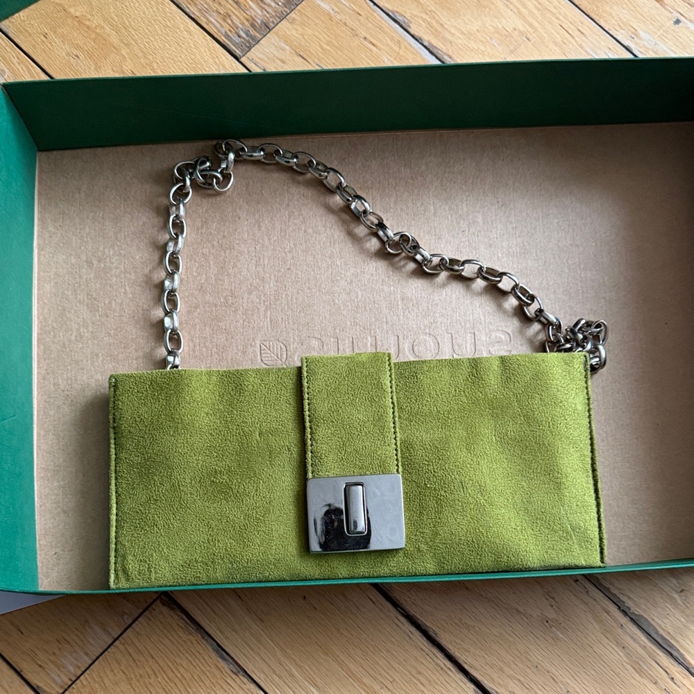 Lime Green Suede Clutch with Chain by [Brand]